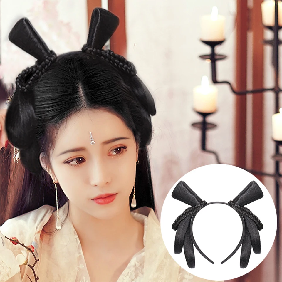 BUQI-peluca china tradicional Retro, moño de pelo falso negro, Cosplay, Hanfu sintético, banda de cabello de princesa de hadas antiguas