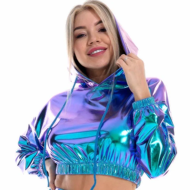 Sexy Cropped Holographic Hoodies Women Shiny PU Metallic Hoody Long Sleeve Short Sweatshirt with Drawstring Pullovers Streetwear
