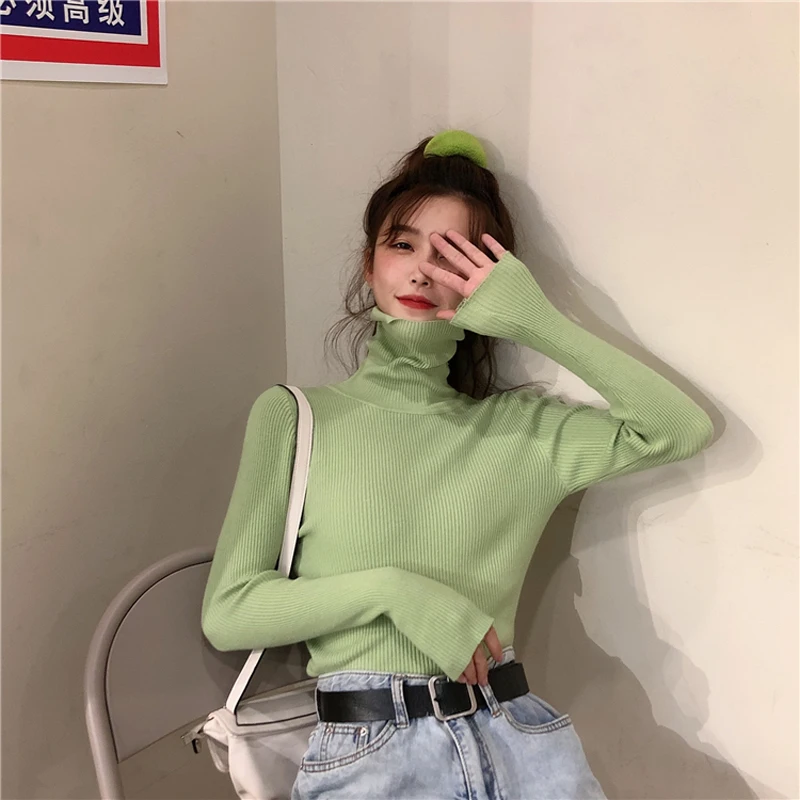 Zoki Turtleneck Women Knitted Pullovers Sweater Fashion Spring Autumn Jumper Basic Tops Casual Slim Long Sleeve Ladies Sweater