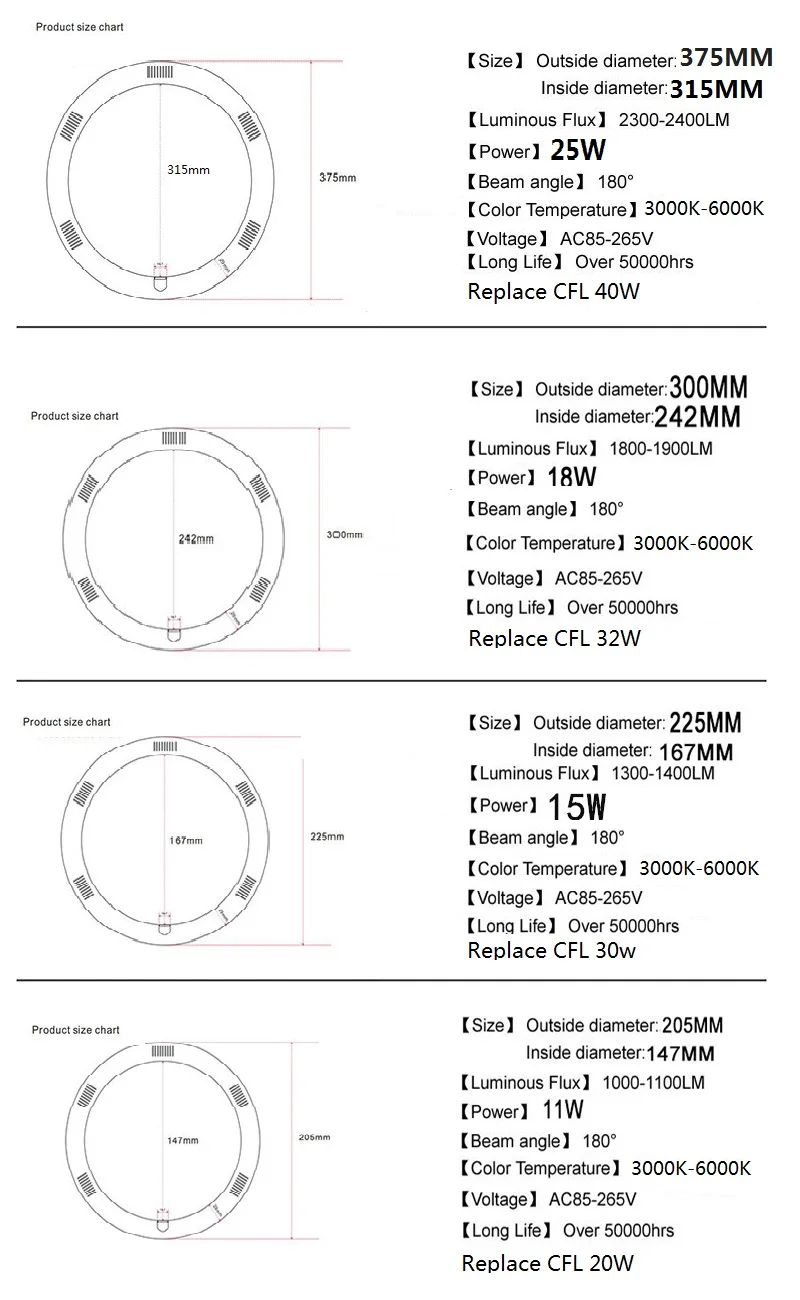 G10Q Circular Tube Ring Light, Globe Circle Light, T9, Lampe à tube rond, Remplacer CFL, 20W, 30W, 32W, 40W, 205mm, 225mm, 300mm, 375mm