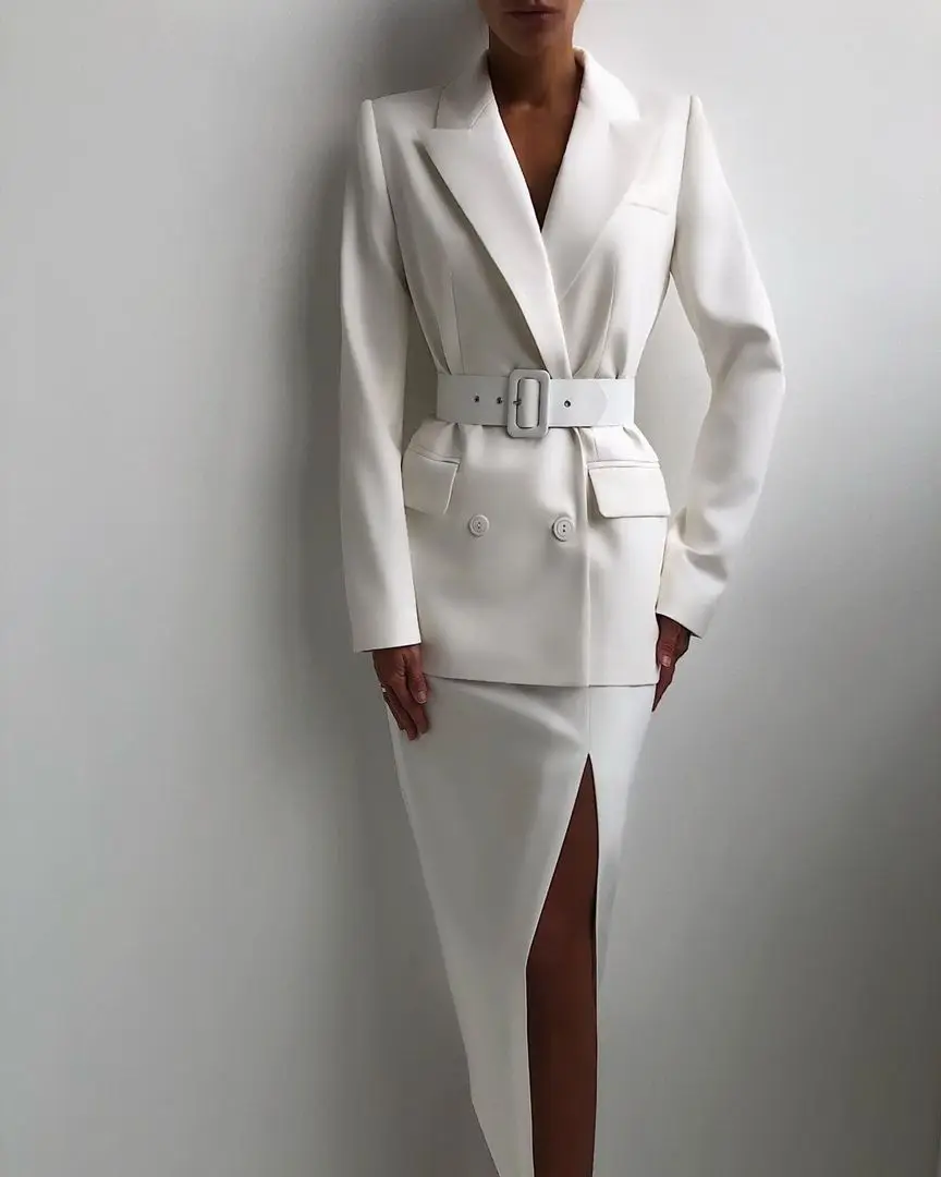 Blazer largo de doble botonadura para mujer, traje blanco de otoño, ropa Formal para invitados de noche de graduación, hecho a medida
