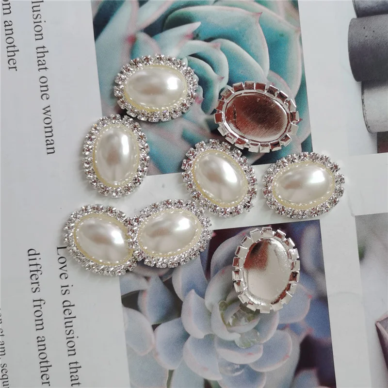 5PCS Oval Pearl Rhinestone Cabochons Silver Color Alloy Base Flatback Jewelry Making Findings Shoe Charm Phone Case Decor