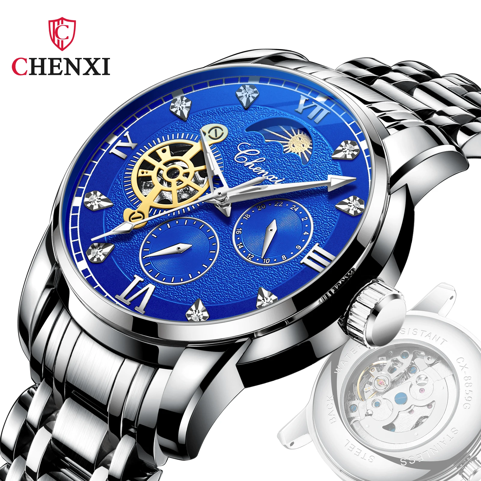 

CHENXI 8859 Men's Mechanical Watches Waterproof Moon Phase Luminous Steel Belt Automatic Winding Men Wristwatch Reloj Hombre