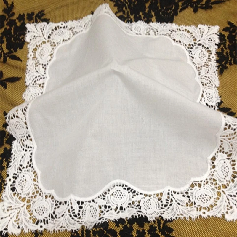 Set of 12 Classic Handkerchiefs 100% Cotton For Women Wedding Styles Embroidered Lace Hankies Towel Vintage Hanky 30x30cm