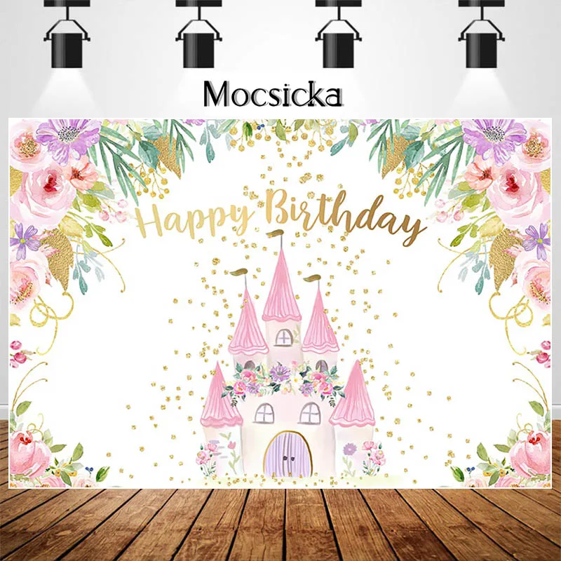 

Fairy Princess Castel Birthday Backdrop Flowers Gold Dots Fantasy Castel Happy Birthday Photography Background for Girls