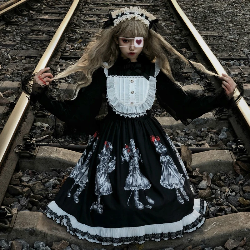 Gothic Lolita Gaun Dark Angel Seri Tinggi Rendah Lolita JSK Gaun dengan Soufflesong Kawaii Retro Gelap Jepang