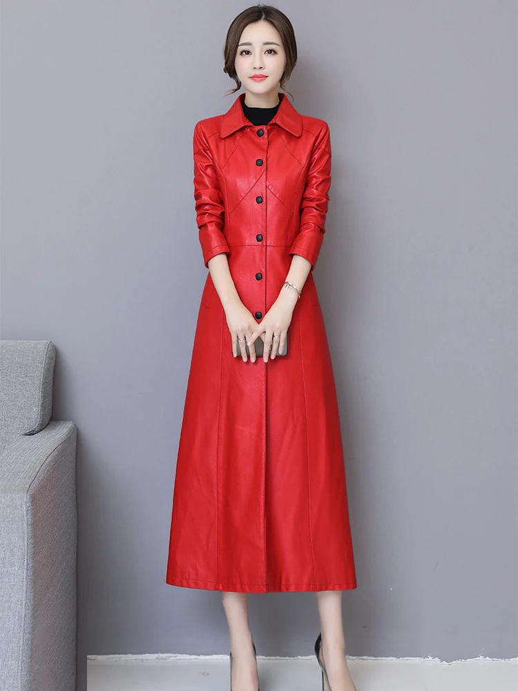 Lautaro Spring Extra Long PU Leather Trench Coat for Women Slim Fit Elegant Red Black Purple Outerwear Fall Korean Fashion 2021