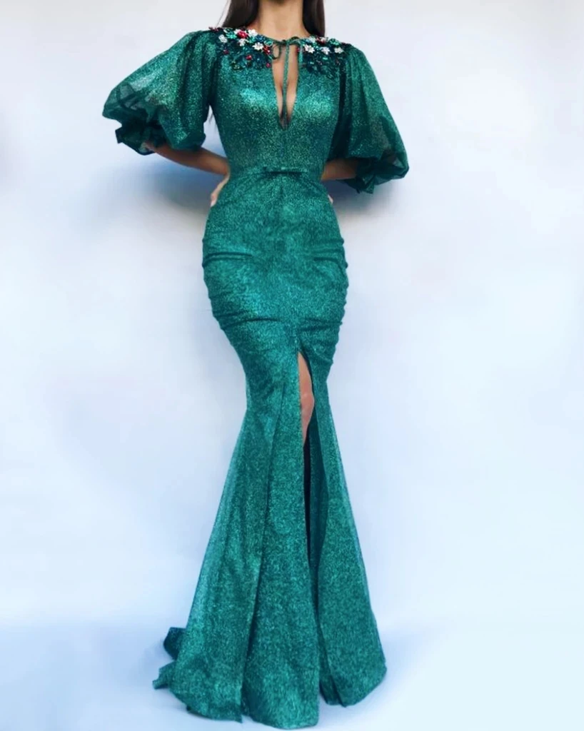 

Green Moroccan Evening Dresses Mermaid Half Sleeves Sequins Beaded Slit Long Turkey Dubai Saudi Arabia Prom Dress Gown