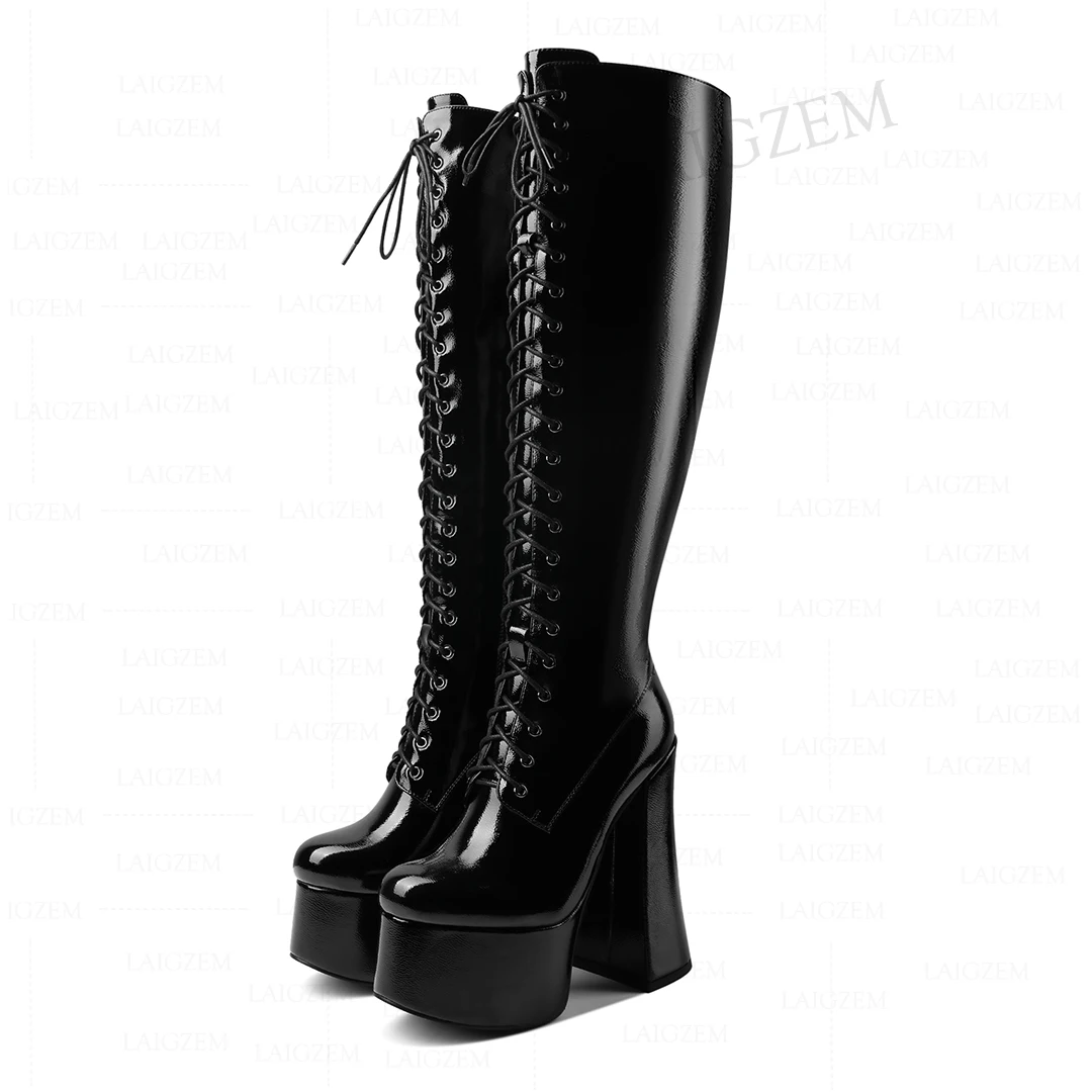 Stivali alti al ginocchio da donna con cerniera laterale stivali alti comodi al polpaccio 14.5CM scarpe con tacco largo scarpe con plateau donna