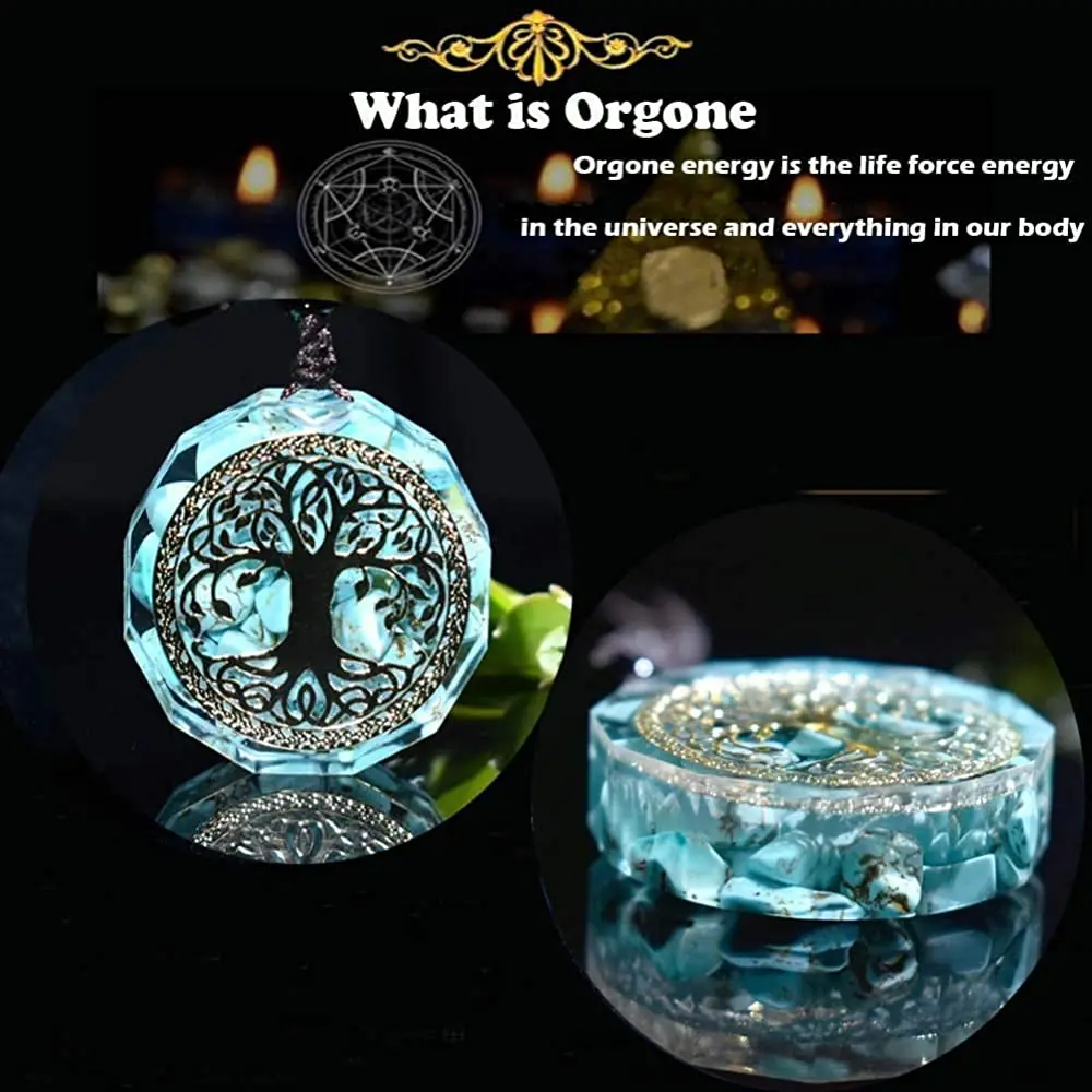 Golden Tree of Life Orgone Energy Generator Pendant Turquoise Stones Healing Crystals Round Handmade Necklace Jewelry Men Women