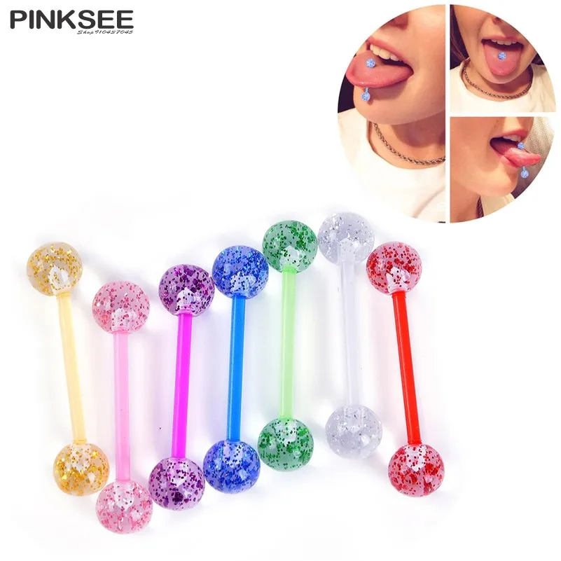 2/7pcs Soft Acrylic Barbell Sex Tongue Piercing Tongue Rings Flashing Powder Plastic Nipple Ring 14G Bars Piercing Body Jewelry