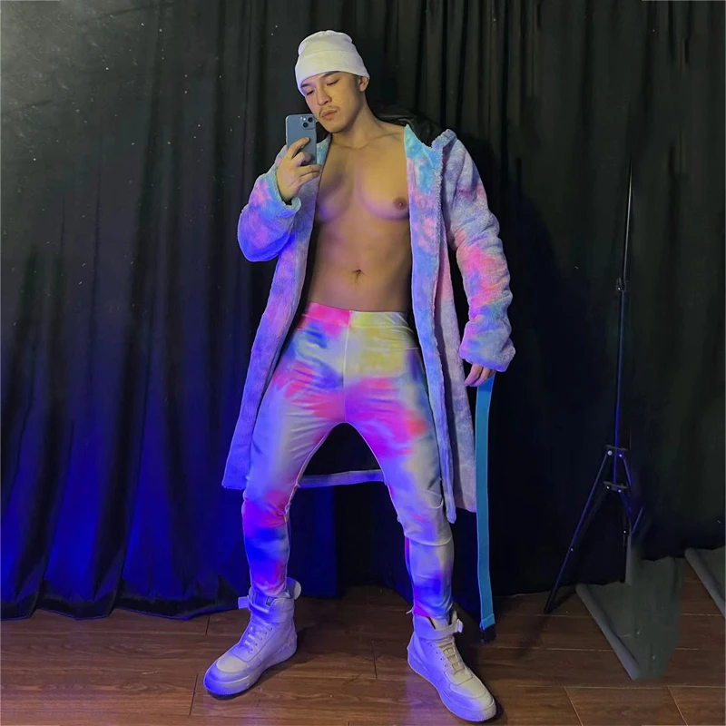 Male Long Fur Color Tie-dye Long Coat Leggings Festival Rave Outfit Gogo Costume Burning Man Nightclub Dj Ds Clothing XS3148