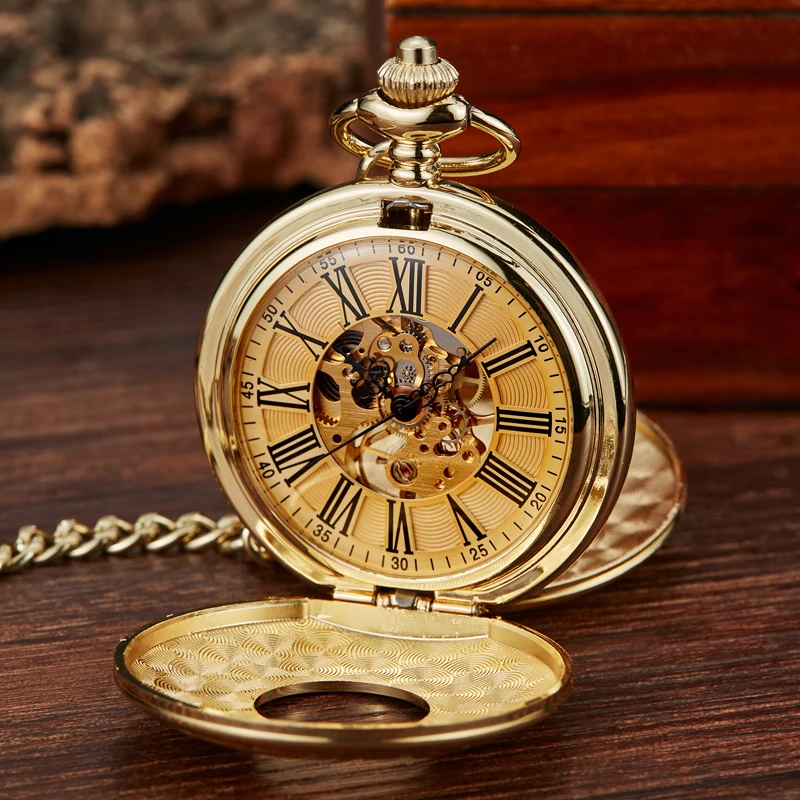 Navidad Christmas Gift Smooth Mechanical Pocket Watch Full Gold Men Women Retro FOB Hand Wind Double Hunter Roman numerals