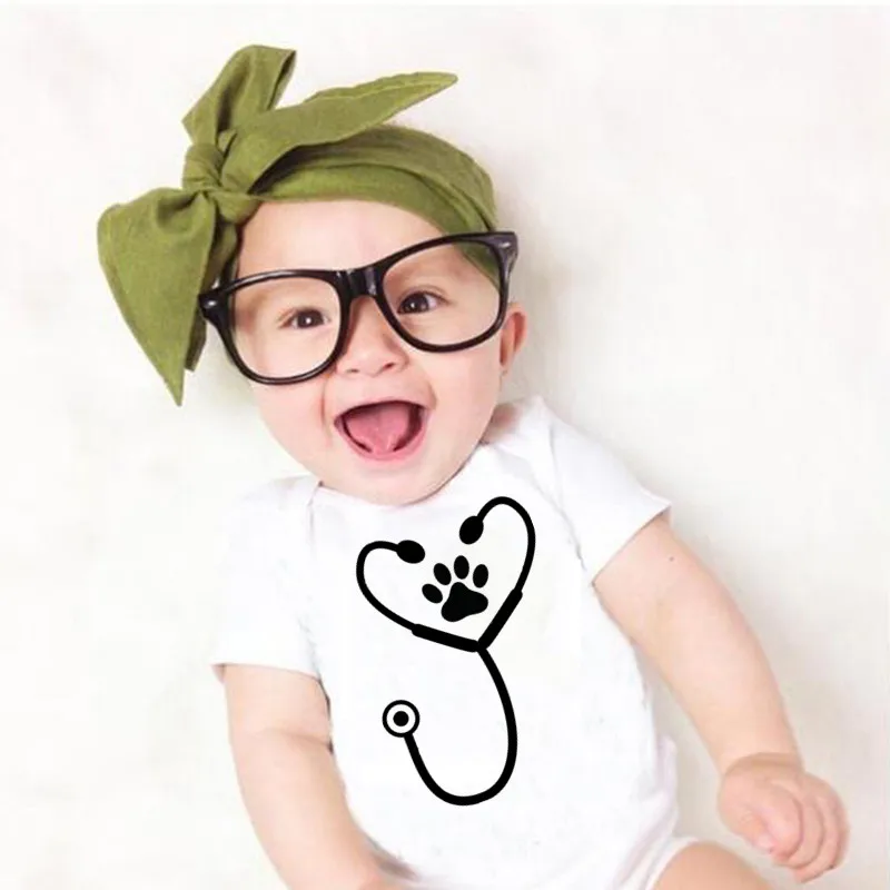 

2021 New Baby Clothes Cute Dog Paw and Stethoscope Print Cotton Baby Bodysuit Boys Girls Summer Short Sleeve Jumpsuit