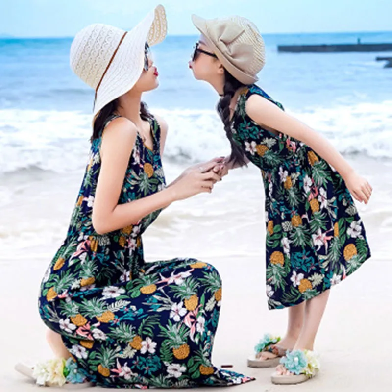 

Summer Mother Daughter Beach Dress Sleeveless Floral Family Dresses Mommy And Me Family Matching Dress Family Look Clothes