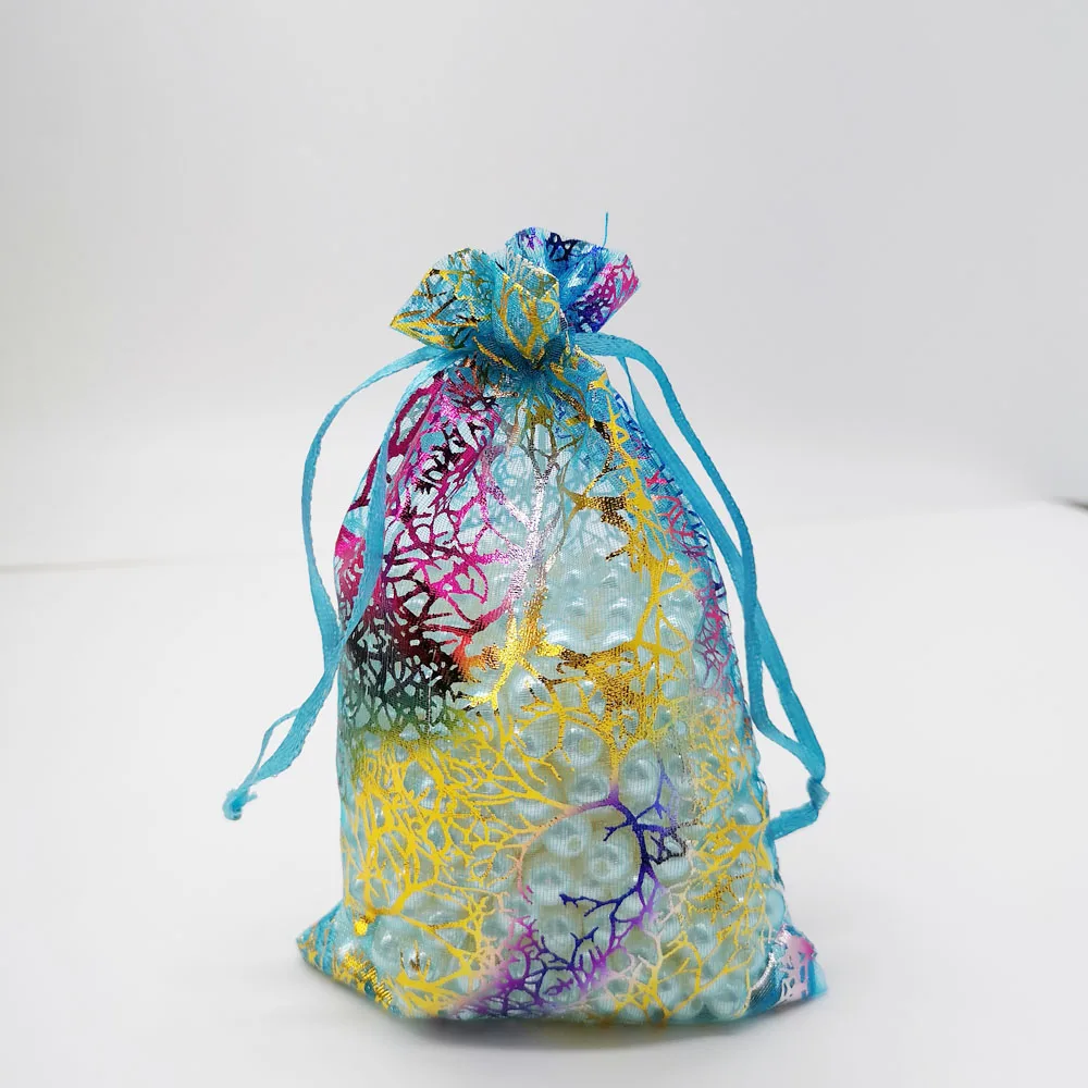 100pcs Blue Coral Organza Bag Drawstring Pouch Bag Organizer Jewelry Box Gift For Wed Christmas Jewelry Display Packaging Bags