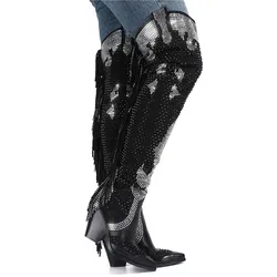 Women Rhinestone Over The Knee Boots Winter Crystal Fringe Western Cowboy Boots Women Boots Female Chunky Heels Long Boots