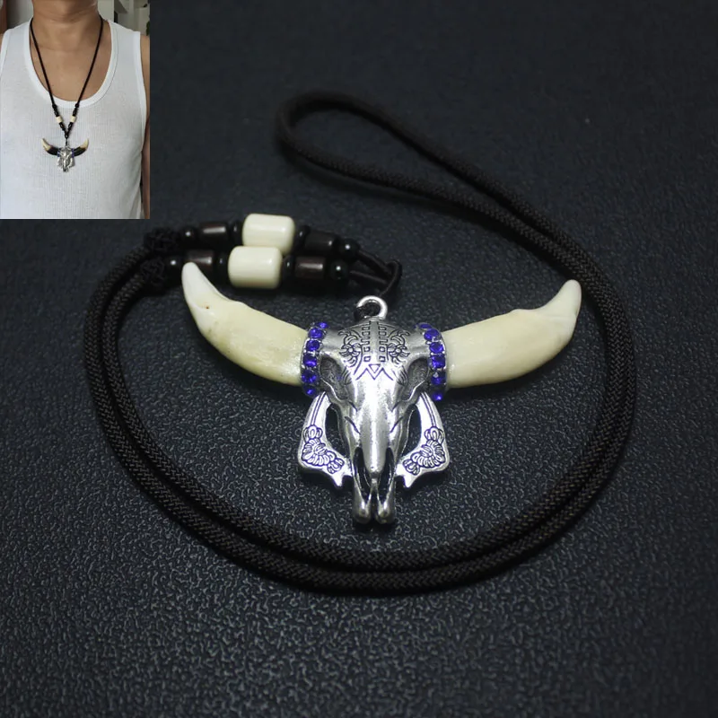

Men Necklace Wolf Teeth Bull Ox Head Skull Pendant Real Tooth Charm Necklace Vintage Jewelry