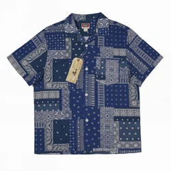 BOB DONG Indigo Paisley Camp Shirts Vintage Totem Cotton Flax Hawaiian Shirt