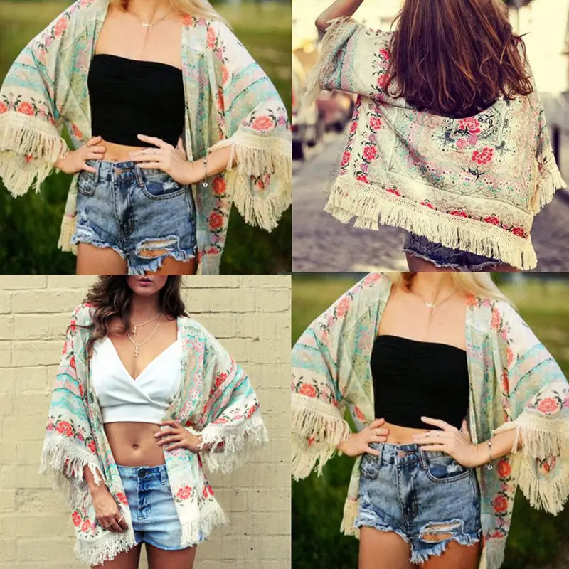 Women Boho Floral Tassels Casual Wild Beachwear Lace Loose Tassels Shawl Hippie Kimono Cardigan Coat Jacket Wrap Tops Cover Up