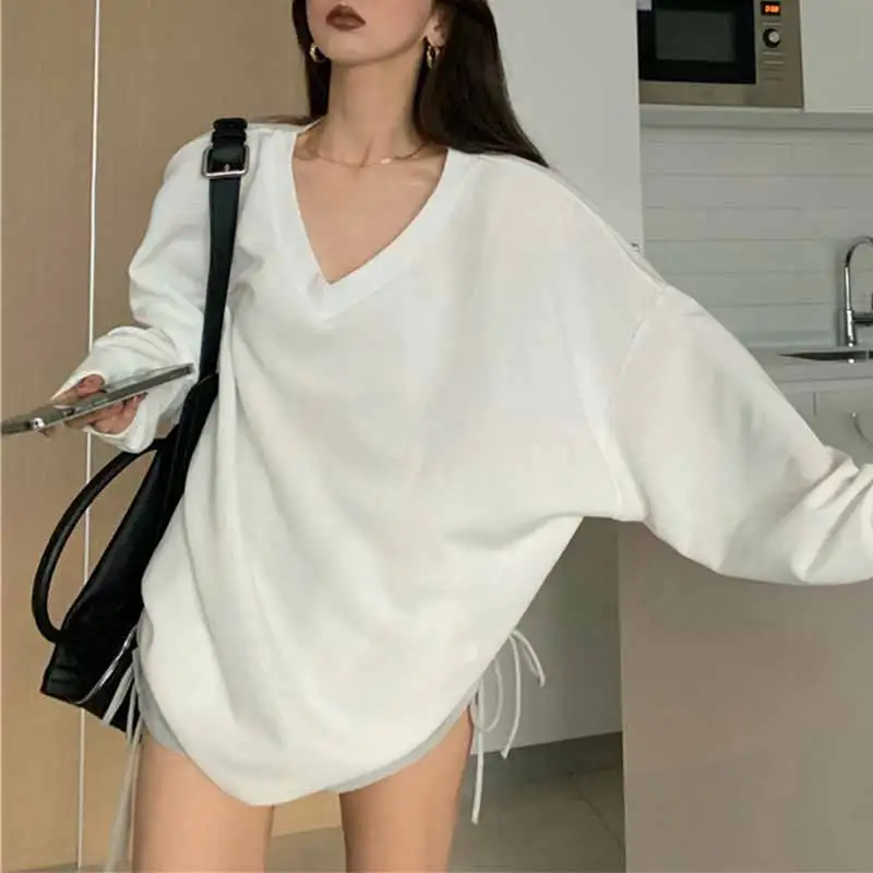 Women Base Top Oversize Long-Sleeve T-Shirt 2024 Autumn Clothes Casual Loose Blouse Ladies Thin V-Neck Long Tops Female Clothing