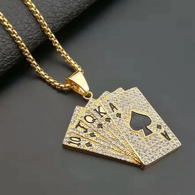 Collar de Hip-Hop Iced Out con cartas de juego para hombres, joyería personalizada de Hip-Hop Rock, collar de la suerte fresca