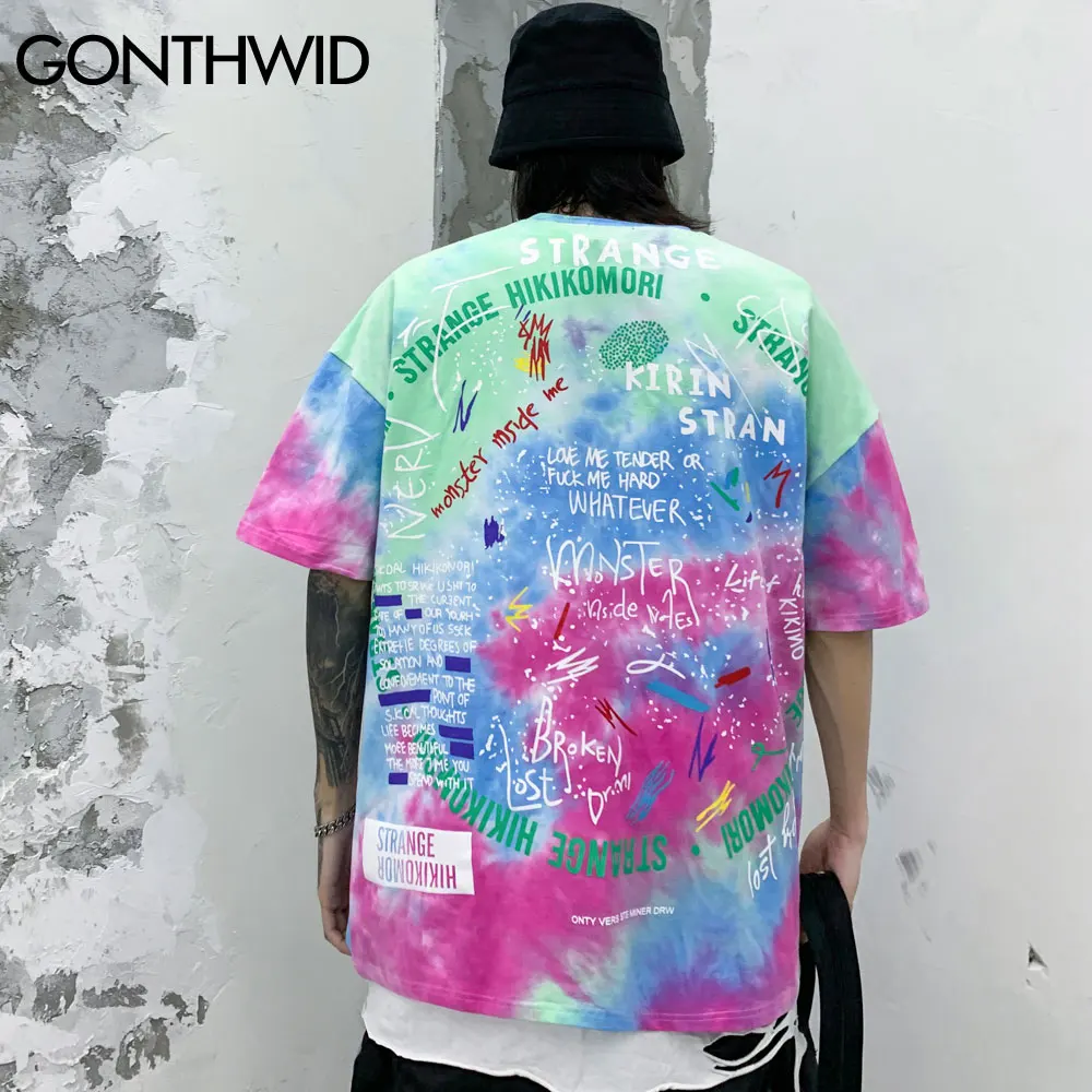 GONTHWID Tie Dye Tees Shirts Streetwear Hip Hop Graffiti Print Short Sleeve Tshirts Mens Harajuku Hipster Casual Tops Fashion