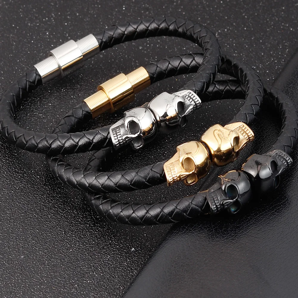 Hyperbole masculino jóias preto trançado pulseiras de couro aço inoxidável leahter pulseiras legal crânio pulseiras masculino pulseira