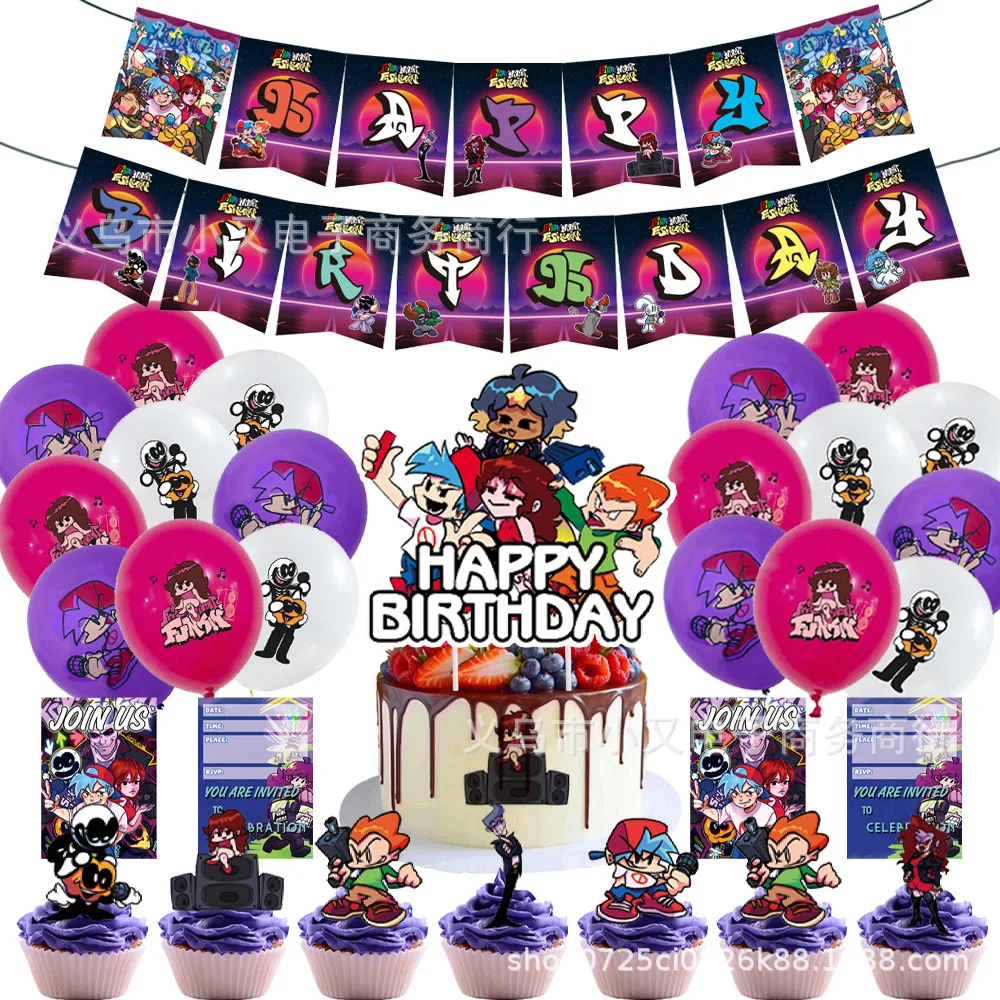 New Friday Night Funkin Birthday Party Supplies Friday Night Funkin Banner Cake Toppers Balloons Party Decoration For Fans