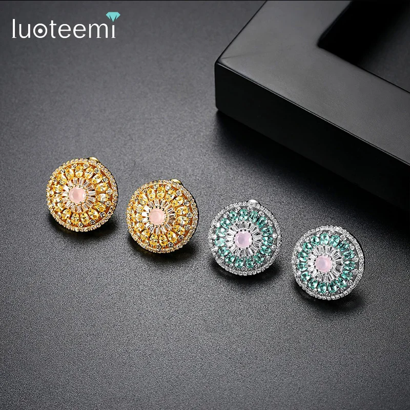 LUOTEEMI Trendy Bohemia Style Cubic Zirconia Crystal Round Shape Stud Earrings For Women Multicolor Fashion Christmas Gifts