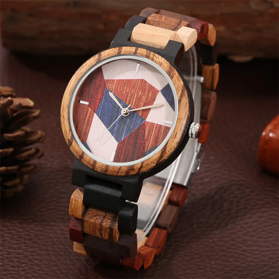 Mixed-colored Full Wooden Men Watch Chic Irregular Pattern Round Dial Quartz Watch  Mens Wood Bangle Wristwatch Folding Clasp