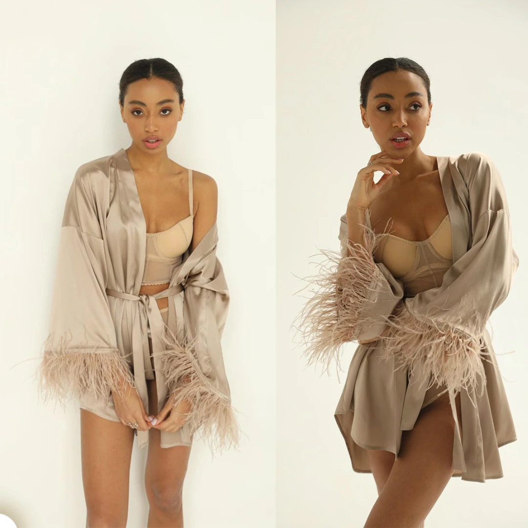 Ostrich Feather Women Sleepwear Long Sleeve Maternity Sexy Kimono Party Bathrobe wiht Belt Lady Nightgown Robe