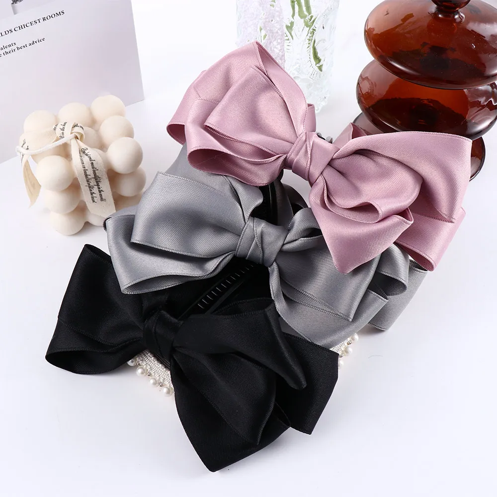 Korea Ribbon Bow Banana Clip Imitation Pearl Vertical Ponytail Clip Sweet Hairpin Women Fashion Hair Accessories