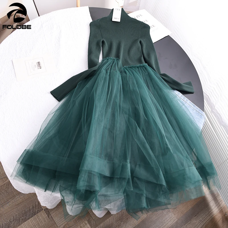 

FOLOBE Women‘s Organza Puffy Skirt 2022 New Base Knitted Long Sleeved Splicing Tulle High Collar A Line Dress Women Dresses