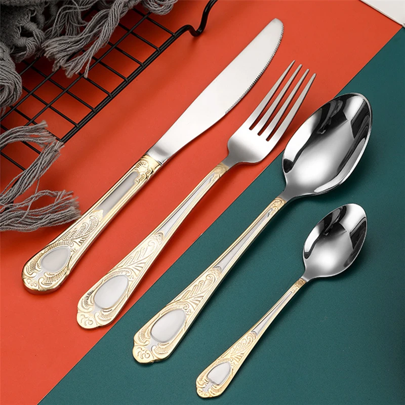 1PC Retro Carved Knife Fork Spoon Cutlery Stainless Steel European Tableware Luxury Family Dinnerware Steak Kitchen Utensils