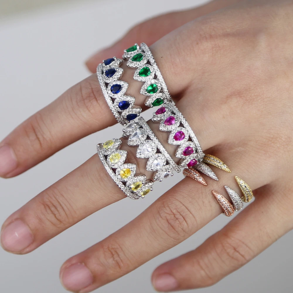 silver color engagement ring for women colorful water drop cubic zirconia Cz eternity band Crown shape fashion rings