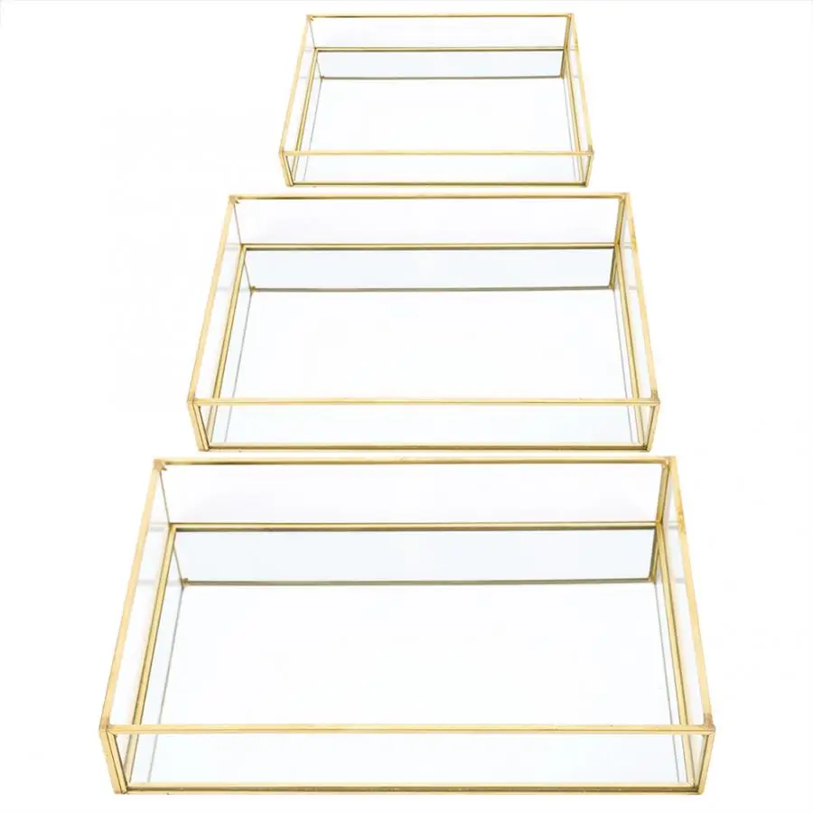 Nordic Retro Storage Box Tray Gold Rectangle Glass Makeup Organizer Tray Dessert Plate Jewelry Display Glass Storage Tray