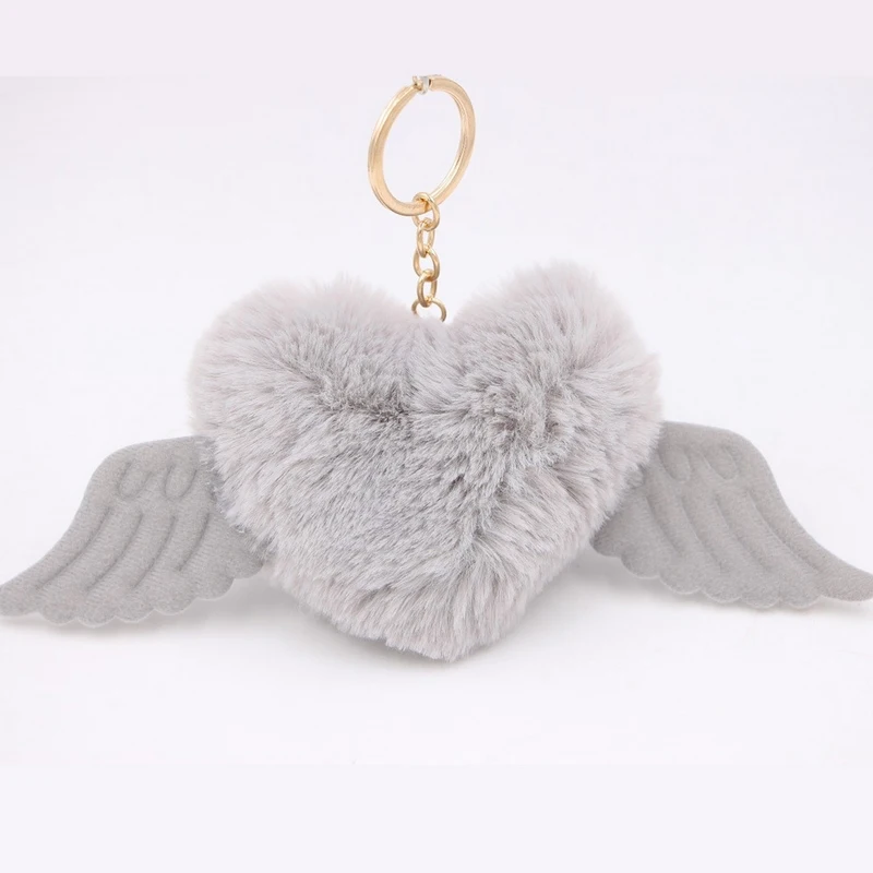 LLavero de ala de Ángel de piel de conejo esponjoso para niñas, llavero con bola de piel de corazón con pompón para mujer, bolso para coche, baratija con pompón, regalo de fiesta, joyería