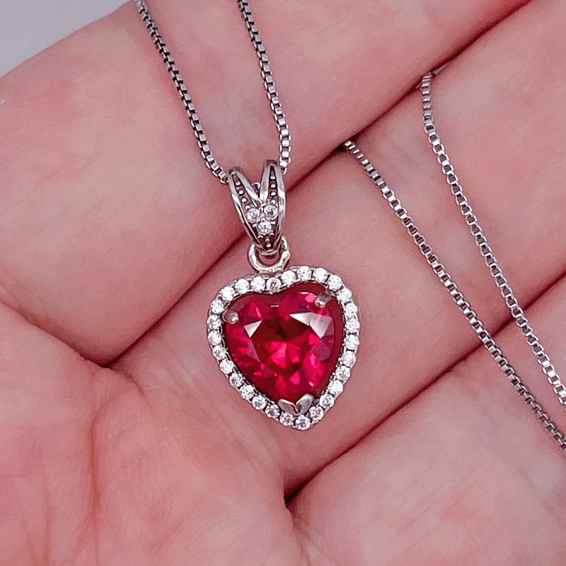 Real Laboratory Growth Ruby Necklace Pendant Heart-shaped Cut Ruby Jewelry Set For Women Bridal S925 Sterling Silver Rose Gold