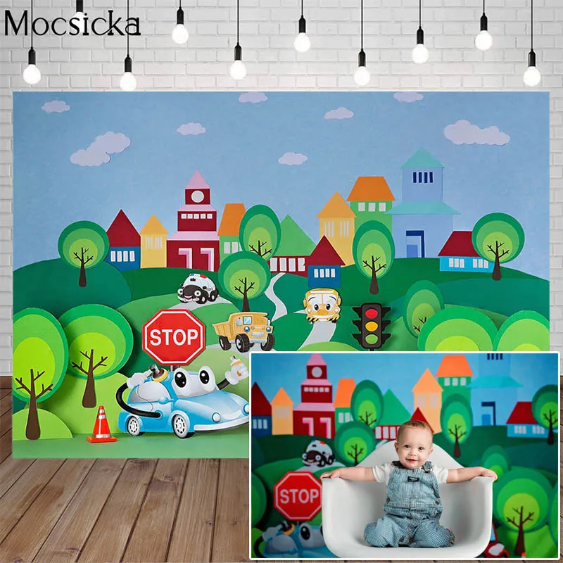 

Mocsicka Boy Cars Birthday Party Backdrop Forest Traffic Light Marker Decoration Props Theme Photo Studio Cake Smash Background