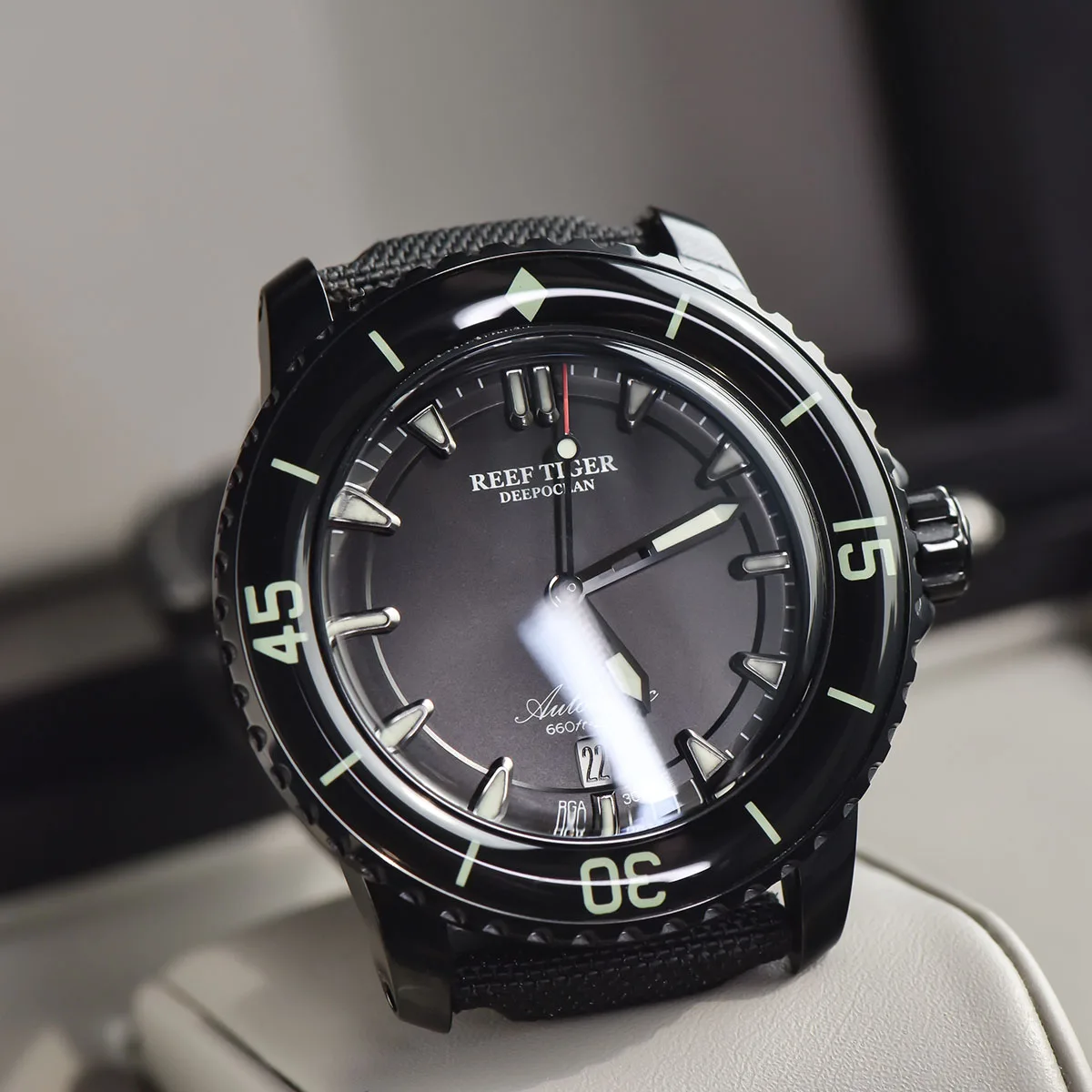 Reef Tiger/RT Super Luminous Automatic Watches for Men Black Steel Nylon Strap Dive Watch with Date RGA3035