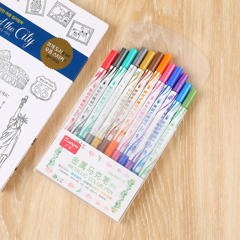 12สี Art Marker Set Pulpen คู่หัวโลหะ Spidol Warna DIY จิตรกรรมปากกาวาดลายเส้นบัญชีปากกาโรงเรียนเครื่องเขียน