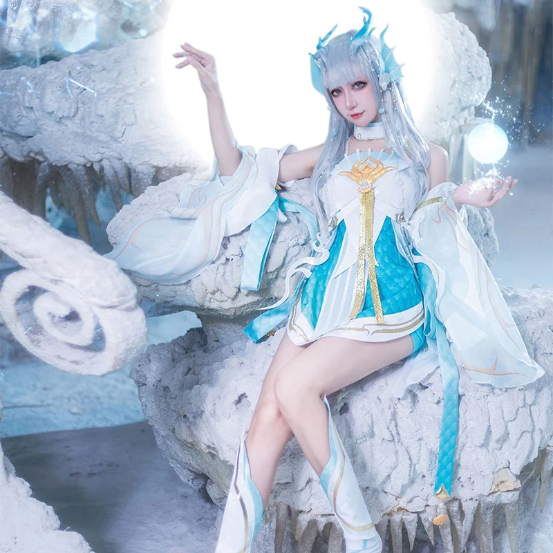 2021 Costume Xishi Cos Game King of Glory New Skin Ice Blue Dragon Girl Floating Sleeve Fairy Cosplay Dress Suit E