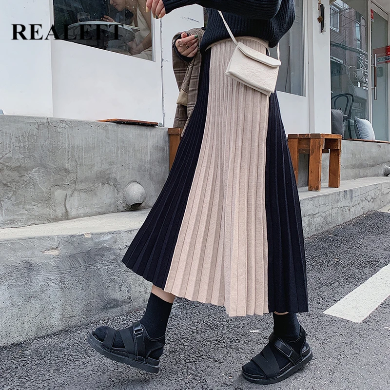 

REALEFT Women Colorblock Thicken Knitting Pleated Skirts New 2021 Autumn Winter High Waist Umbrella Skater Midi Skirts Female