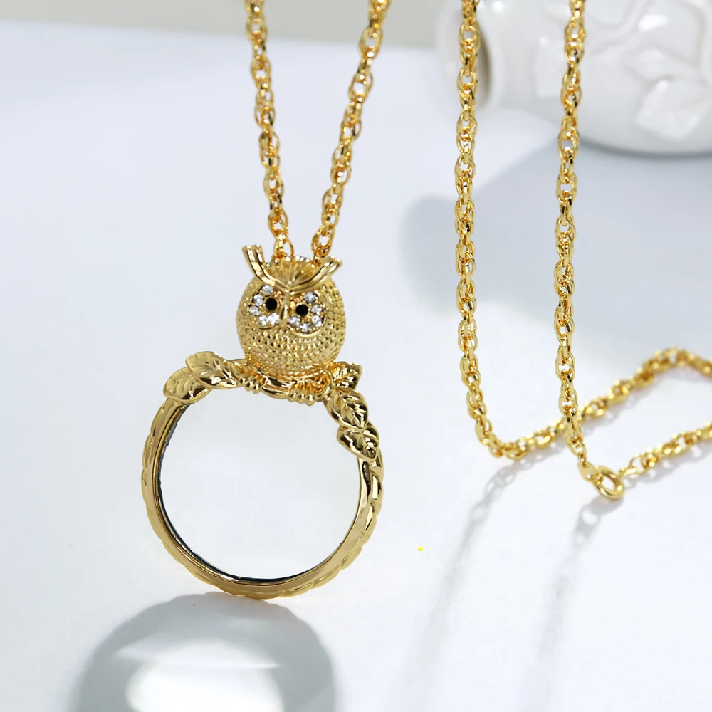 DreamCarnival1989 Women Sweater Necklace 40mm Big Glass Len Magnifying for Reading 65cm Long Chain Cute Owl Jewelry Gift P-0018