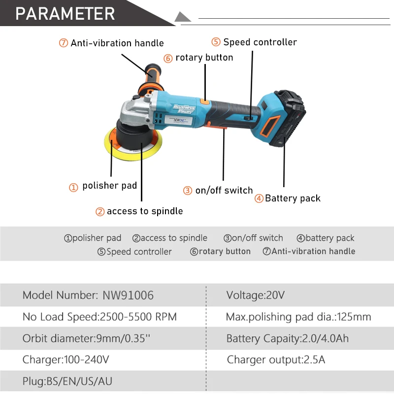 20V Car Polishing Machine Li-ion Brushless Orbital Dual Action Polisher 6 speeds adjustment M14 Sander Buffing Waxing Machine