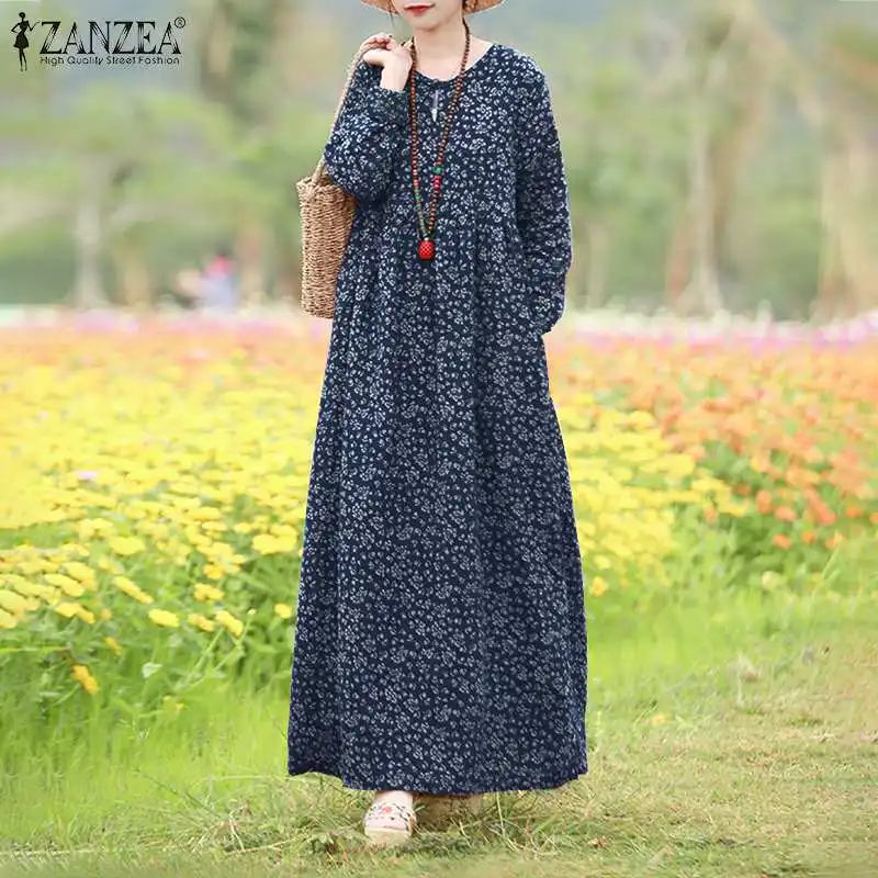 ZANZEA Vintage Autumn Floral Printed Sundress Women Bohemian O Neck Long Sleeve Maxi Dress Spring Party Vestido Baggy