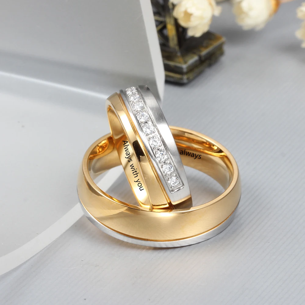 Customized Name Engraving Wedding Engagement Rings for Women Men Personalized Couple Rings with Zirconia Anniversary Gift