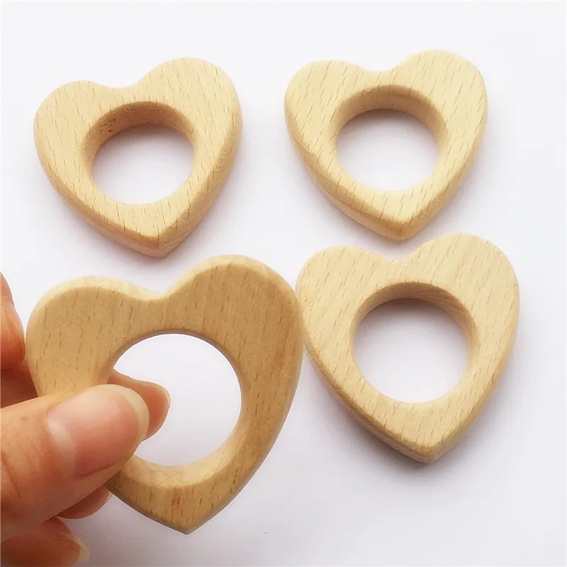 Chenkai 10pcs Wood Heart Teether Ring DIY Organic Eco-friendly Unfinished Nature Baby Rattle Teething Grasping Cartoon Toy