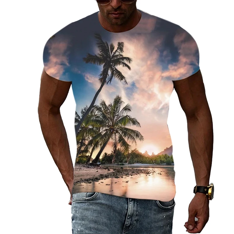 Summer Natural Scenery Print Men\'s t-shirts Fashion Landscape graphic t shirts Beach Sea View Pattern short sleeve t-shirts Top